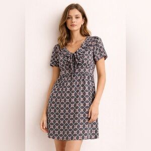 Fossil 100% Silk Ruffle Neck Dress Geometric Polka Dot Print Retro Mod Size S